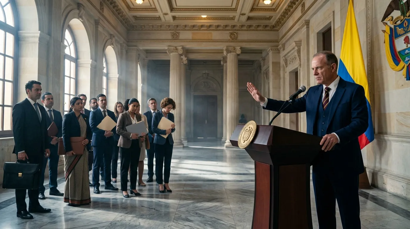Funcionario pronuncia discurso oficial ante audiencia en salĂłn elegante