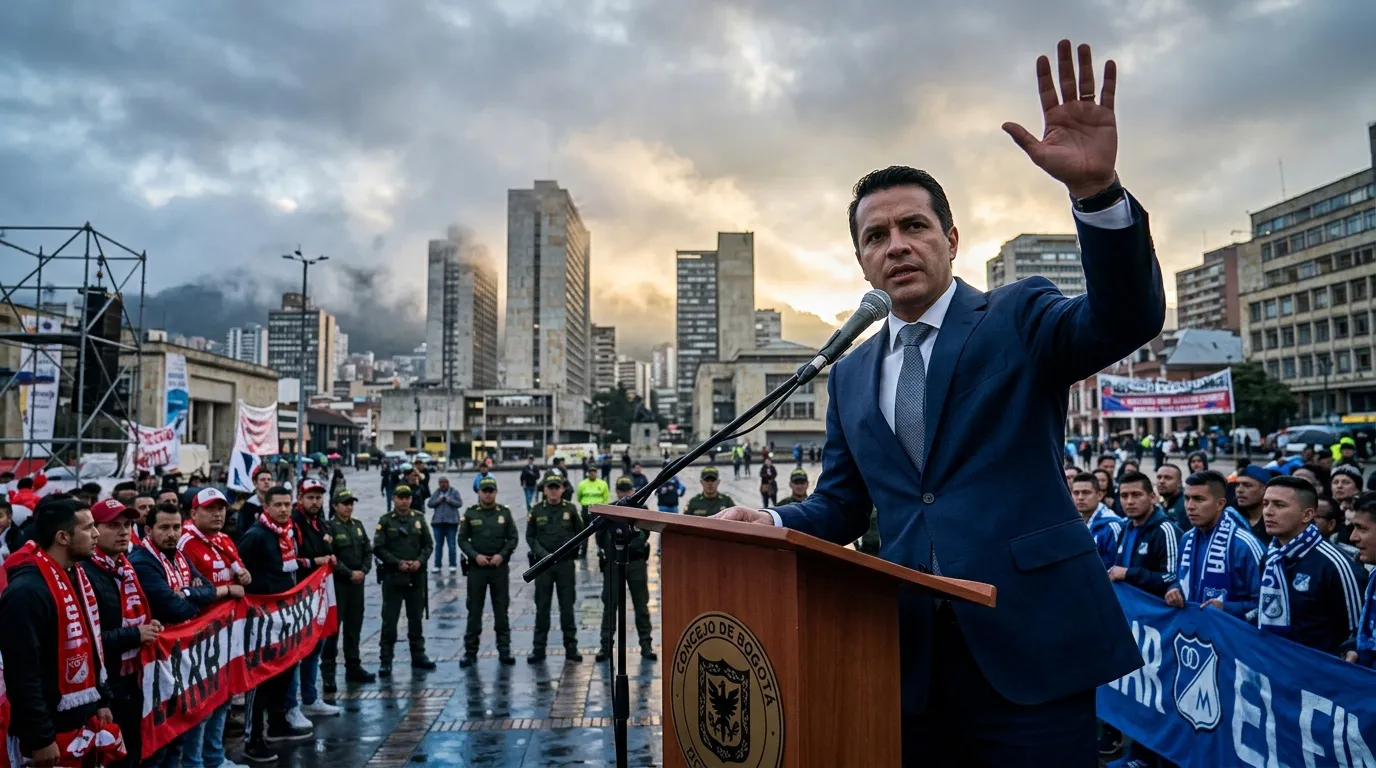 Funcionario en podio dirigiéndose a multitud en plaza
