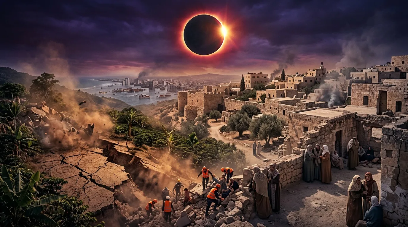 Eclipse solar oscurece ciudad histórica con gente observando