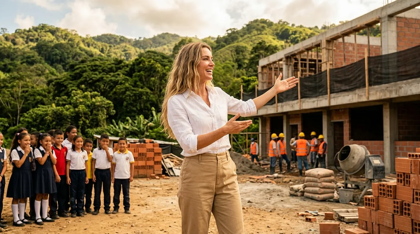 Mujer profesora enseña a estudiantes en sitio construcción escolar