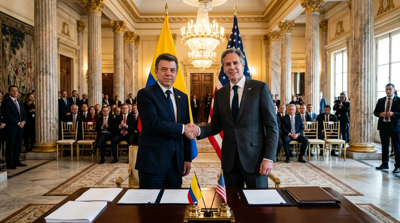 Dos diplomáticos se dan la mano frente banderas de Colombia y EE.UU.