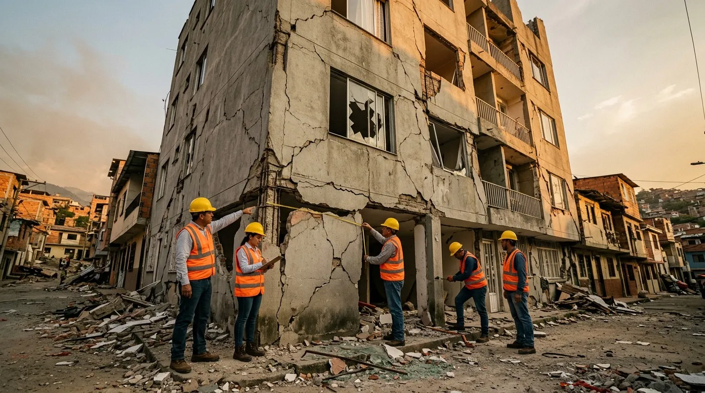 Trabajadores inspeccionan grietas en edificio deteriorado post-desastre
