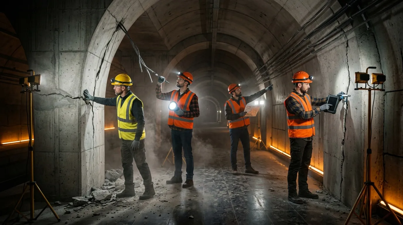 Cuatro trabajadores inspeccionan tĂşnel de hormigĂłn con equipos