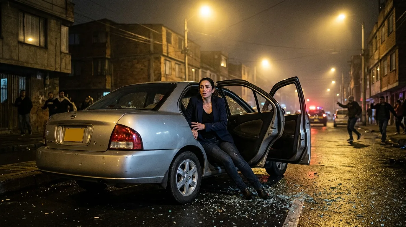 Mujer saliendo de coche plateado en calle nocturna urbana