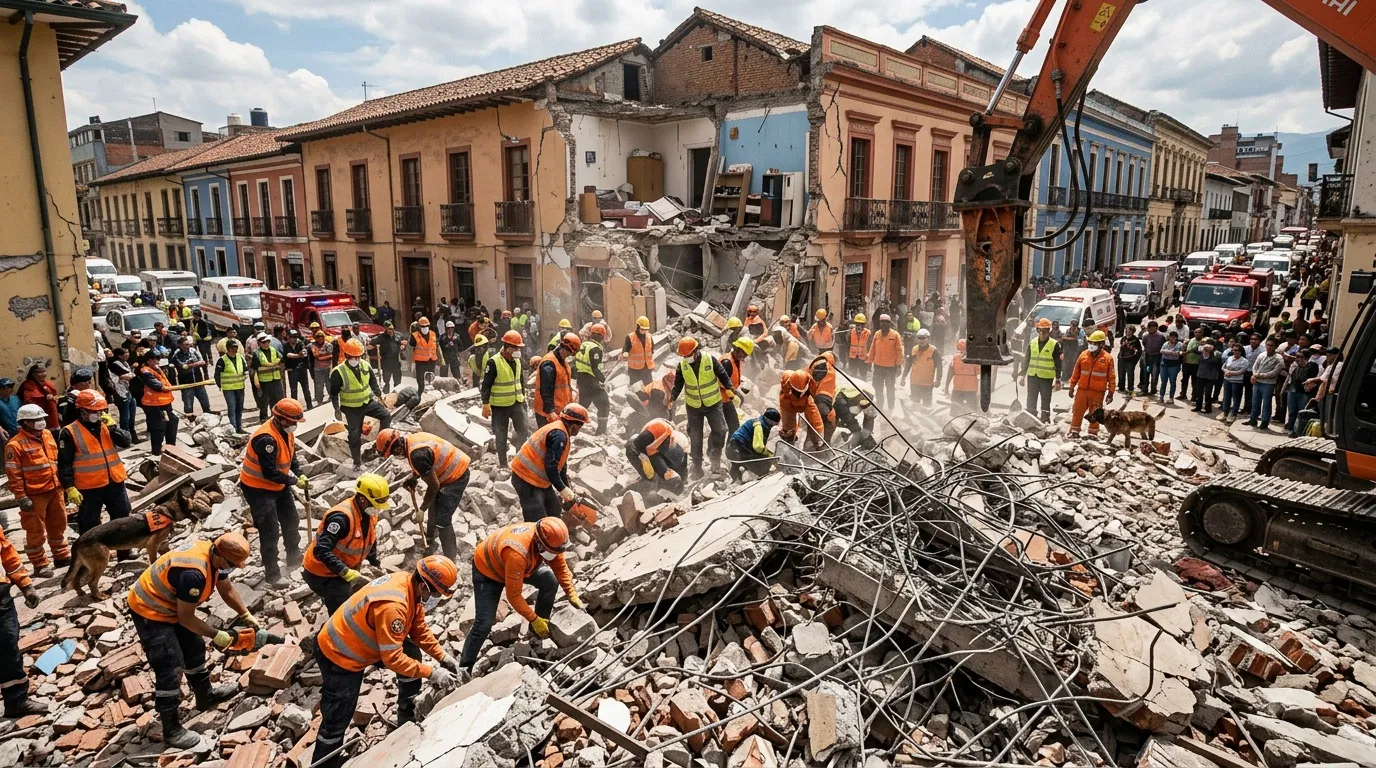 Equipos de rescate trabajando entre escombros de edificio colapsado