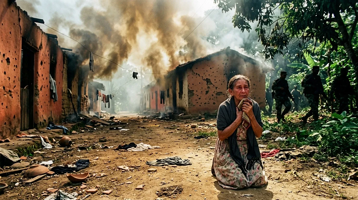 Mujer de rodillas ante casas destruidas y humo de batalla