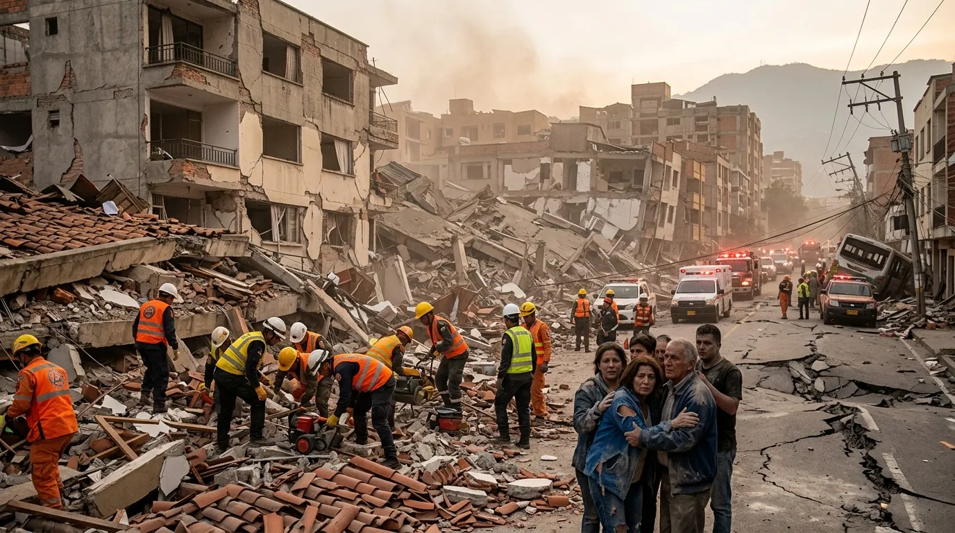 Equipos de rescate trabajan entre ruinas de edificios colapsados tras terremoto.