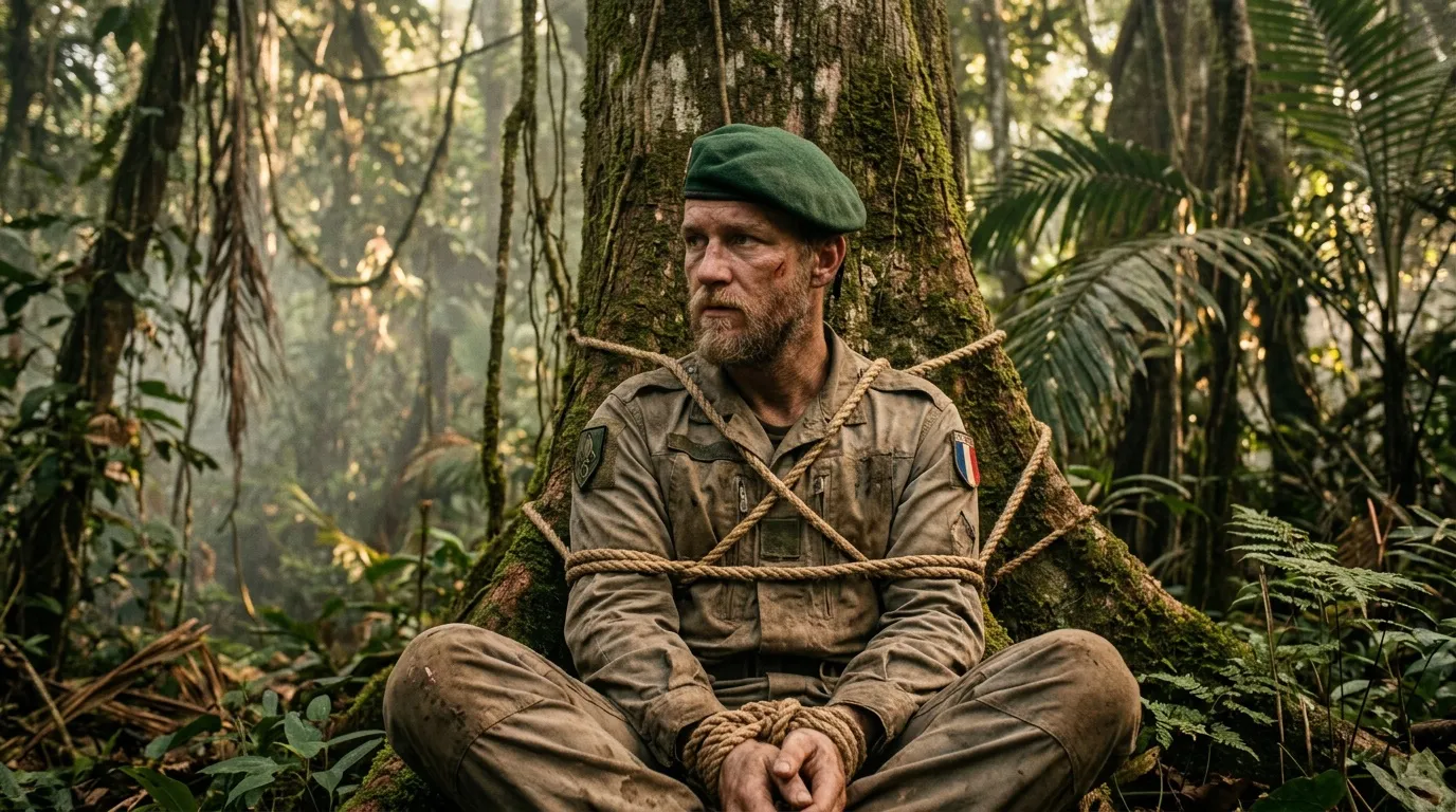 Soldado atado con cuerda en la jungla tropical densa.