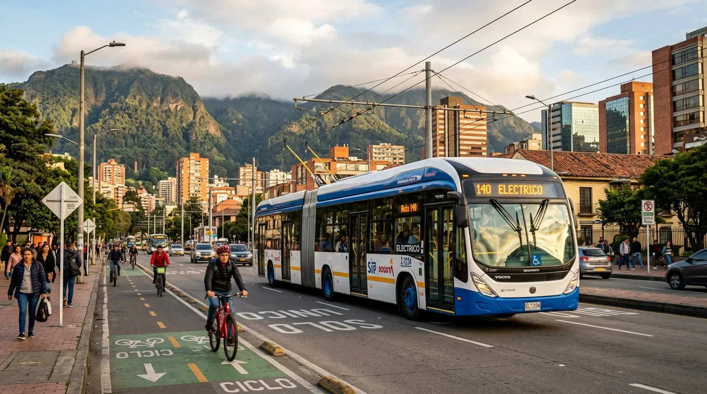 Autobús eléctrico azul circulando por calle bogotana con montañas