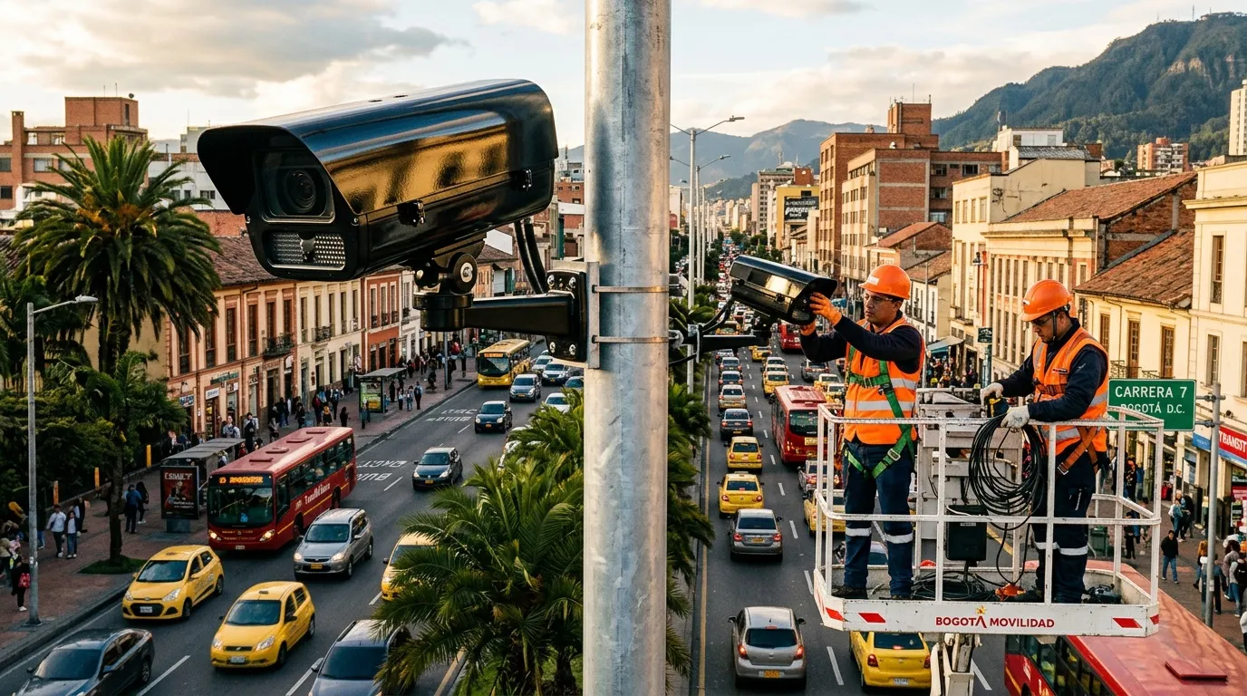 Trabajadores instalan cámaras de vigilancia en calle bogotana concurrida.