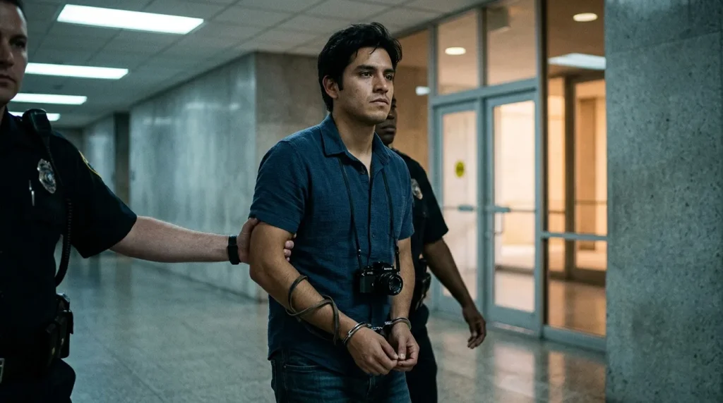 Hombre esposado siendo custodiado por oficial de policía