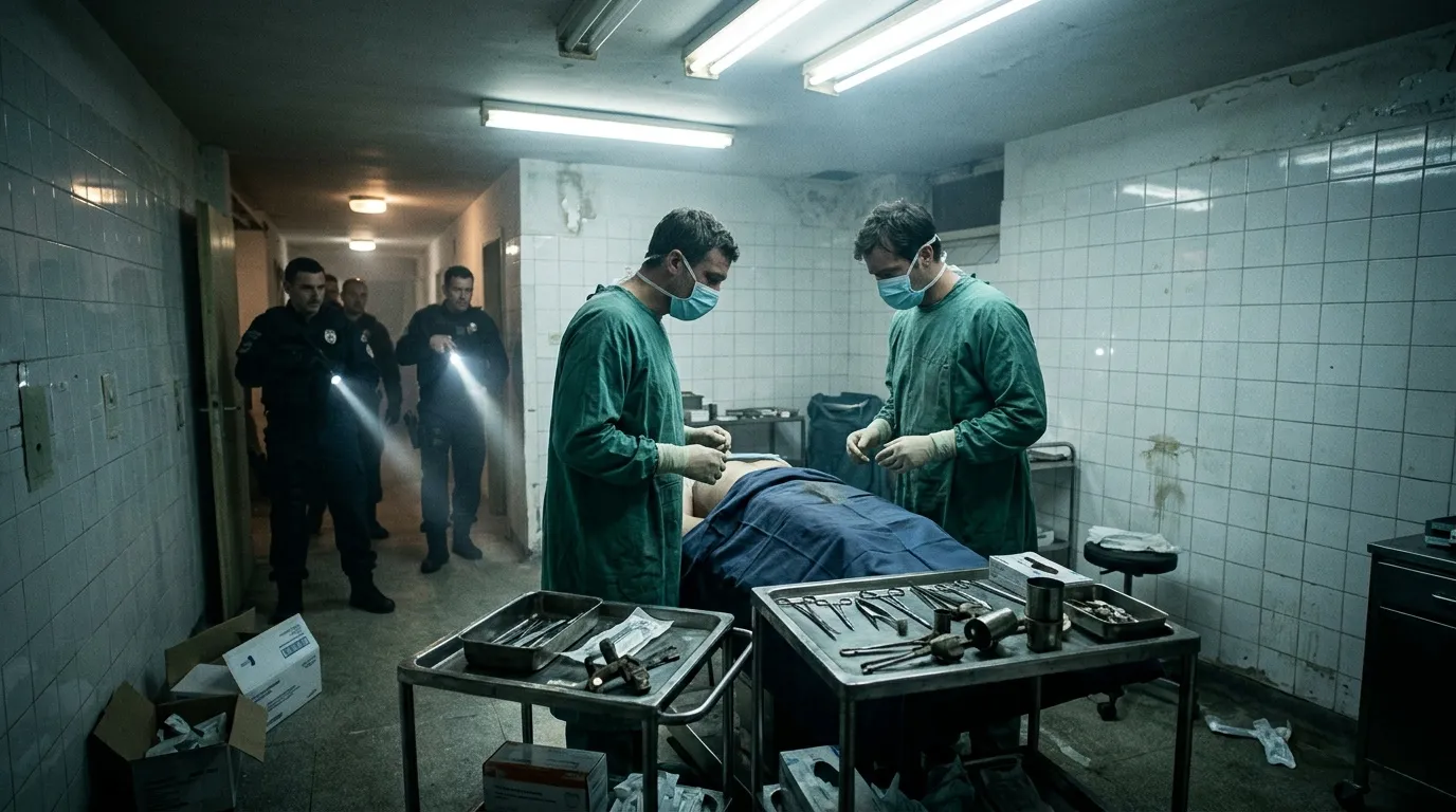 Médicos forenses realizan autopsia en sala quirúrgica con instrumentos.
