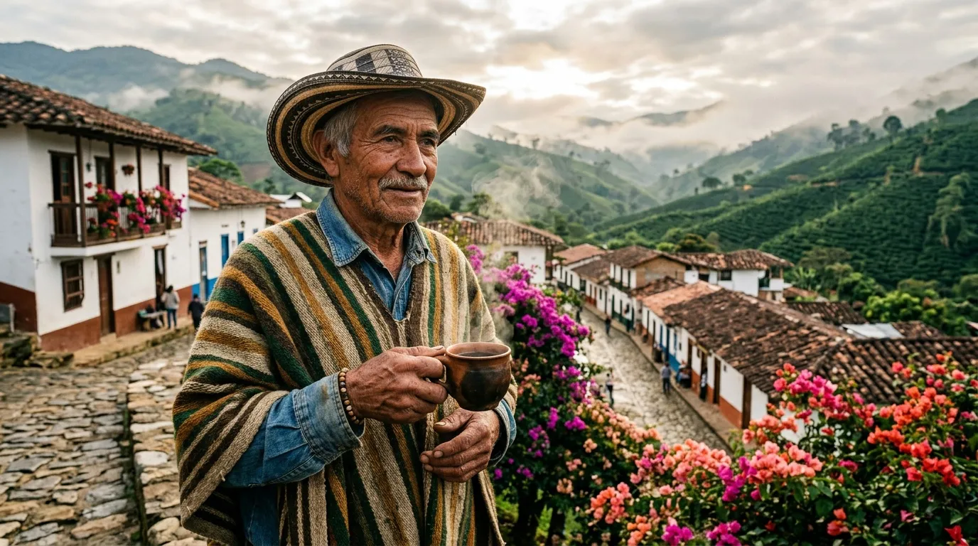Hombre mayor con tradicional poncho andino sosteniendo taza de café