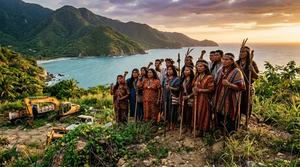 Grupo indígena con atuendos tradicionales junto a bahía turquesa