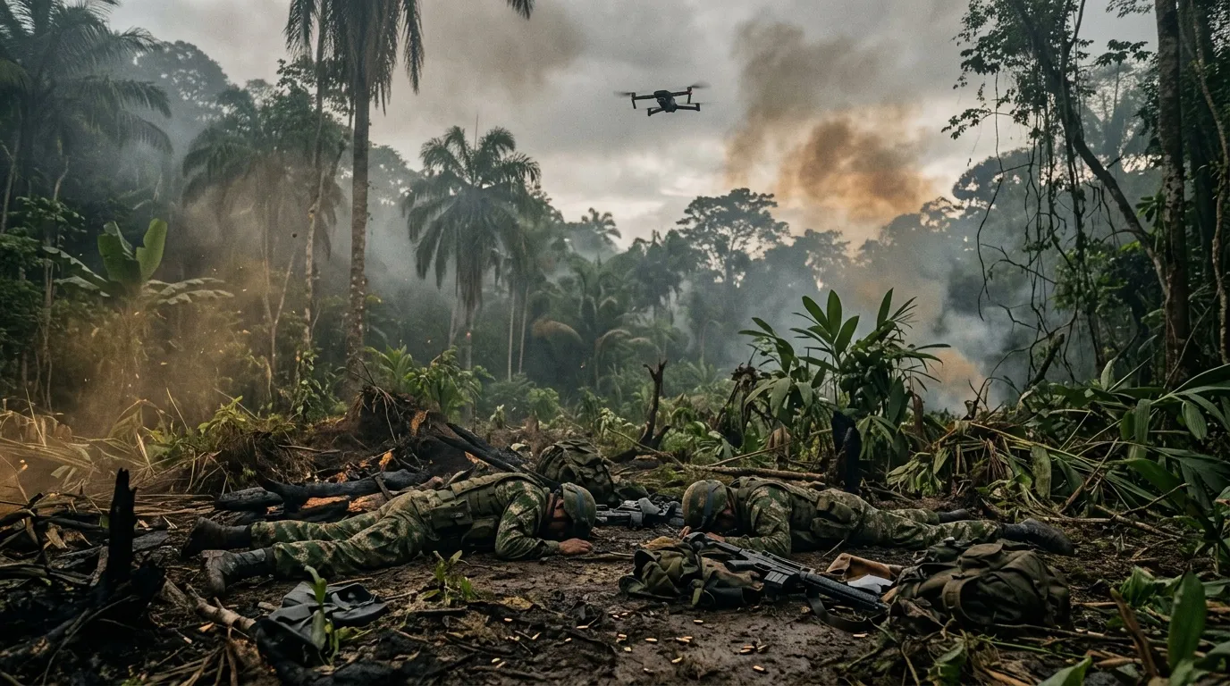 Soldados en selva con drone y humo de batalla