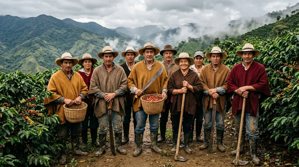 Grupo de trabajadores agrícolas con sombreros cosechando café en montaña.