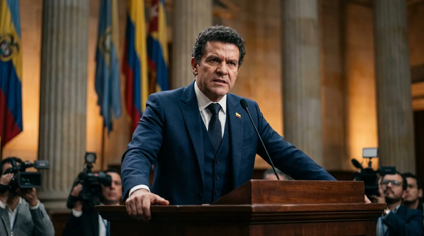Hombre en traje azul pronuncia discurso ante micrófono y cámaras