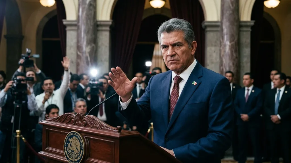 Político en traje azul habla ante micrófono y periodistas