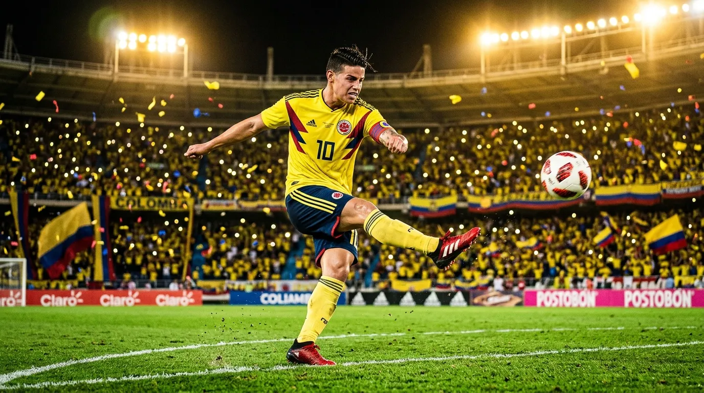 Futbolista colombiano número 10 patea balón en estadio lleno