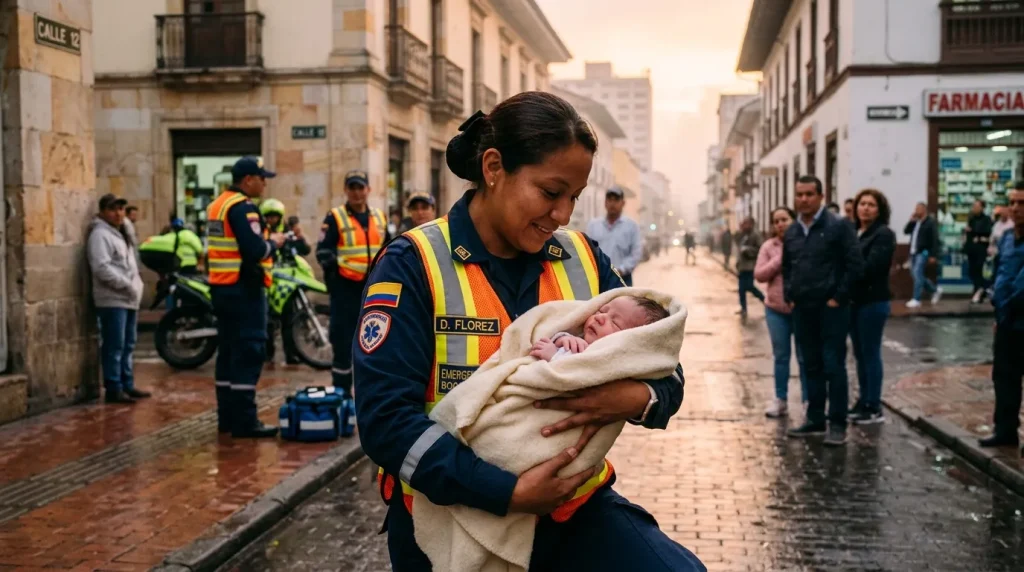 Paramédica sostiene bebé recién nacido en calle bogotana