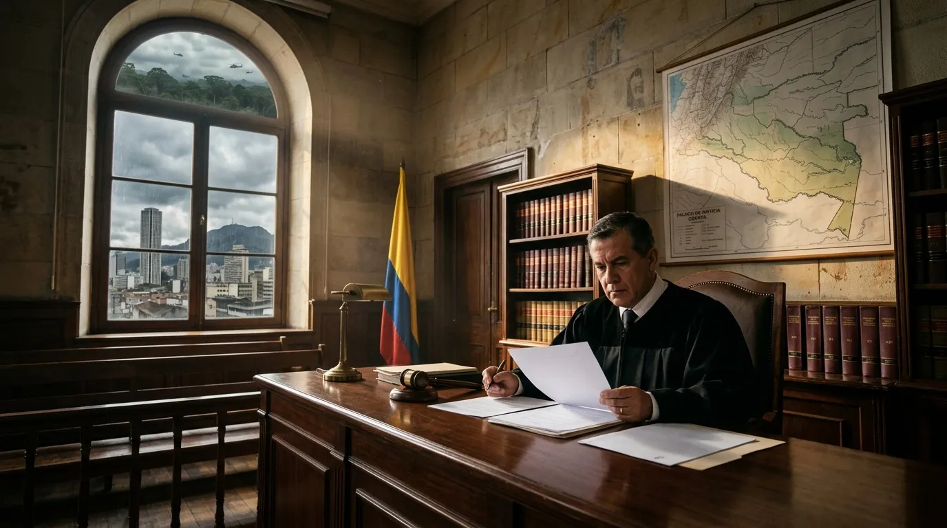 Juez revisando documentos en oficina con bandera colombiana