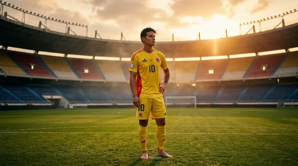 Futbolista con camiseta amarilla número 10 en estadio al atardecer