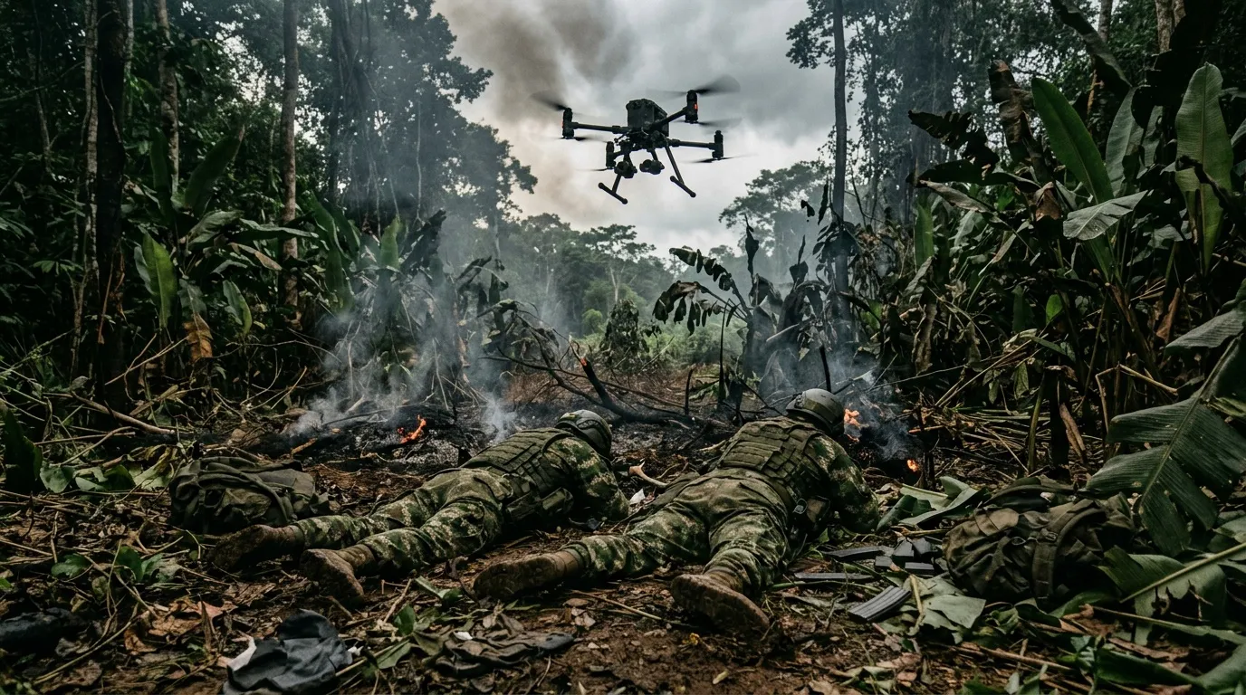 Soldados en selva con drone surveillance y fuego