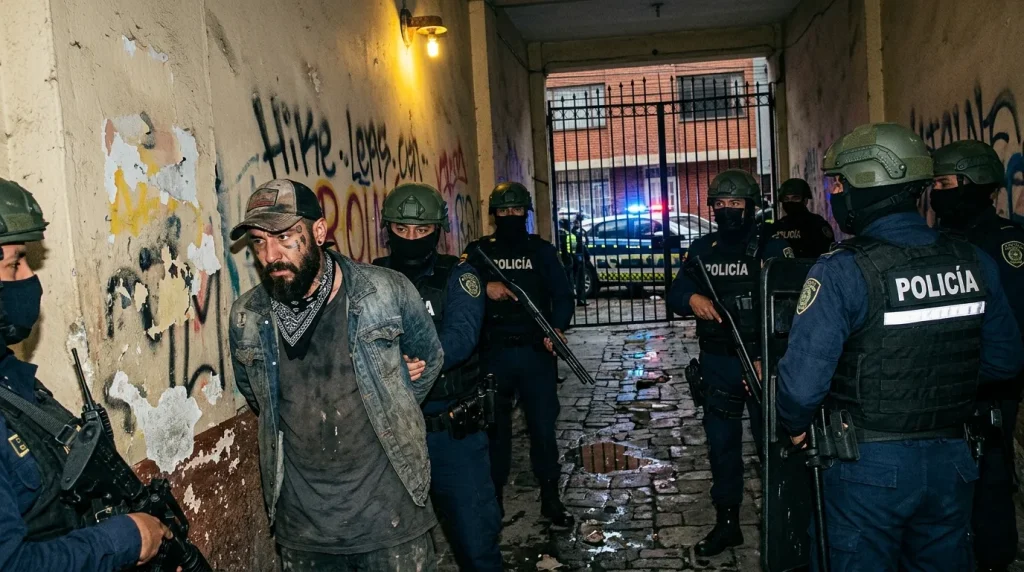 Policías custodian a hombre en callejón deteriorado
