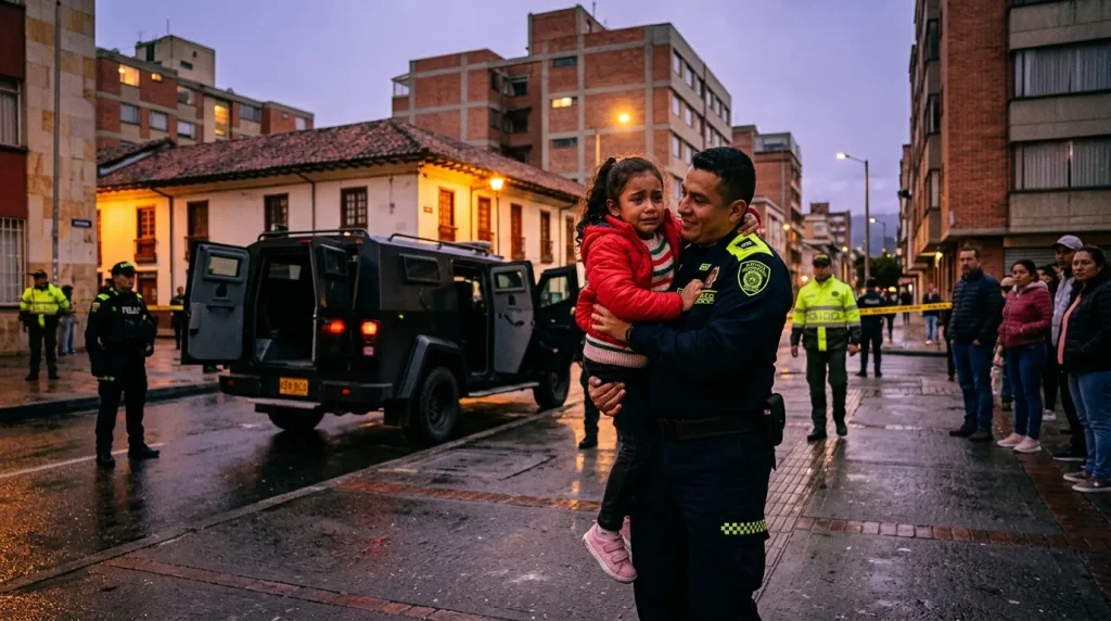 Policía sostiene niña en calle durante operativo nocturno urbano