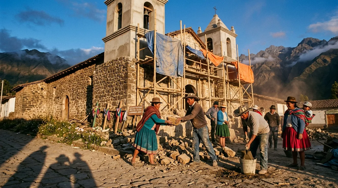 Comunidad andina reconstruye iglesia de piedra con andamios