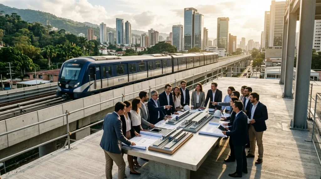 Equipo profesional reunido junto a tren de metro elevado