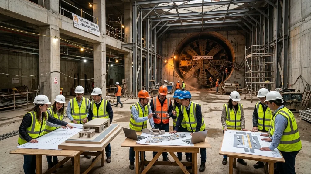 Ingenieros revisan planos frente a tuneladora en construcción subterránea