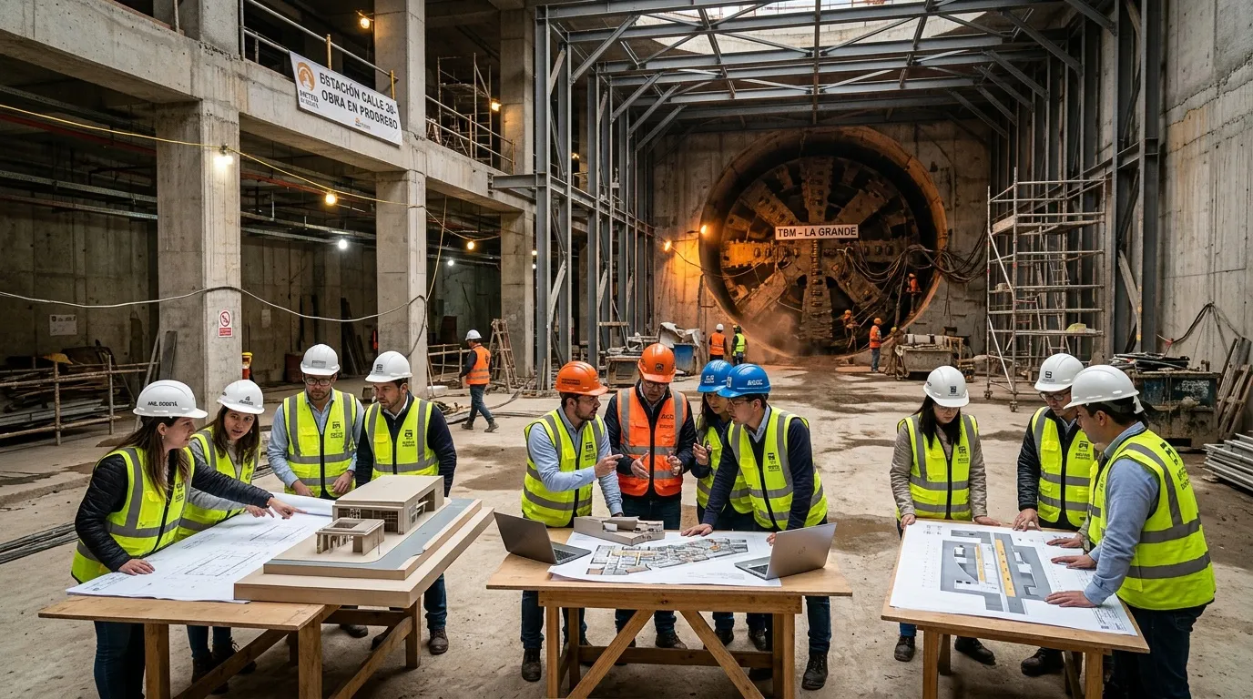 Ingenieros revisan planos frente a tuneladora en construcción subterránea