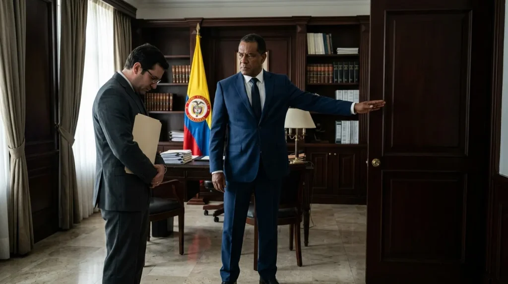 Dos hombres en traje en oficina con bandera colombiana
