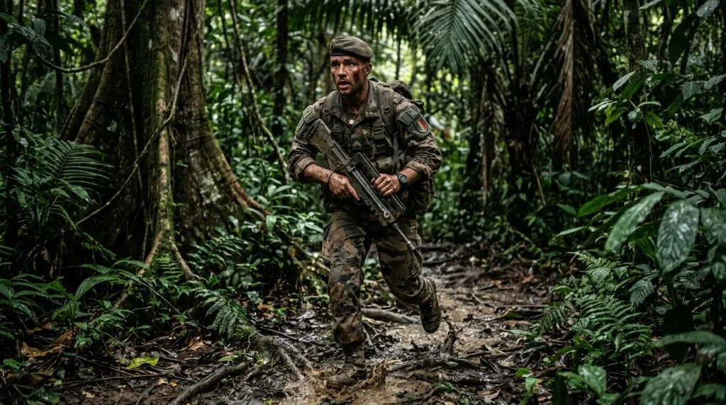 Militar armado corriendo por sendero en densa selva verde
