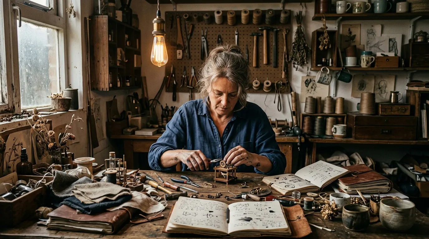 Mujer mayor trabaja con herramientas en taller artesanal