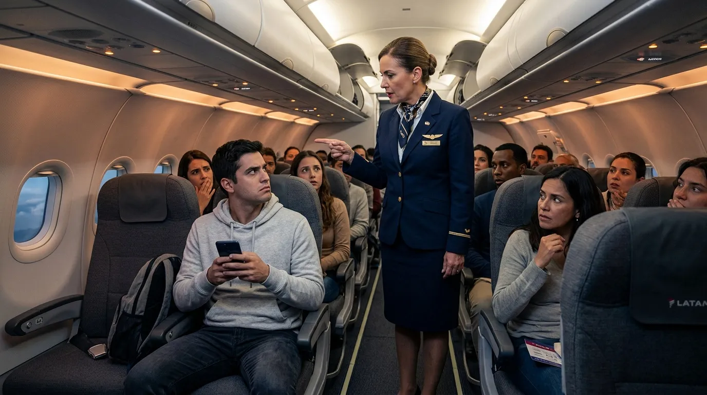 Azafata en uniforme azul atiende a pasajeros en cabina de avión
