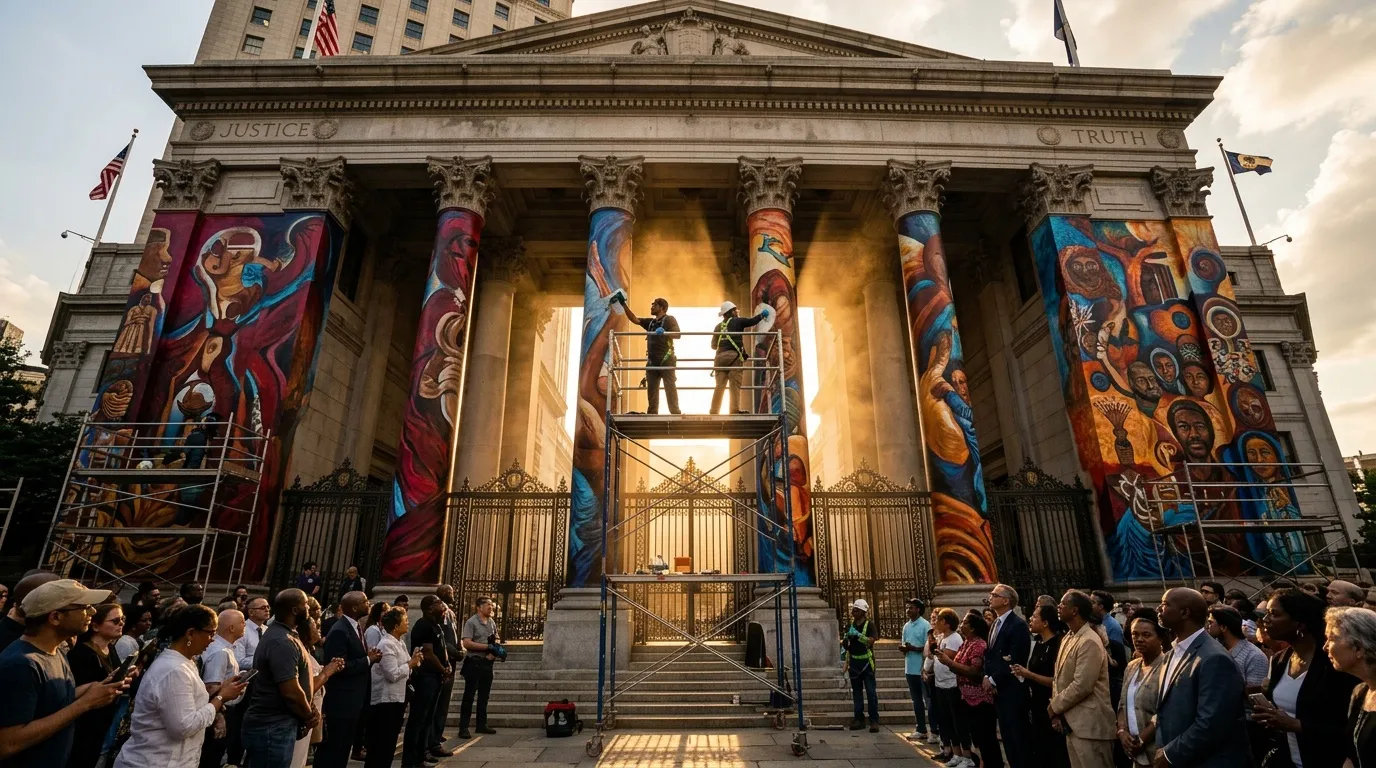 Edificio histórico con columnas y banners coloridos de arte