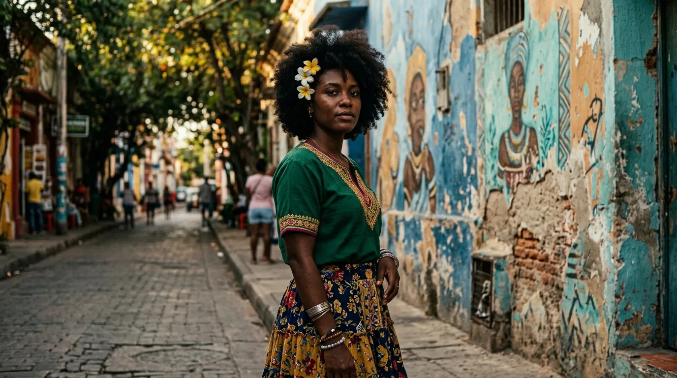 Mujer con flores en el cabello en calle colonial pintada