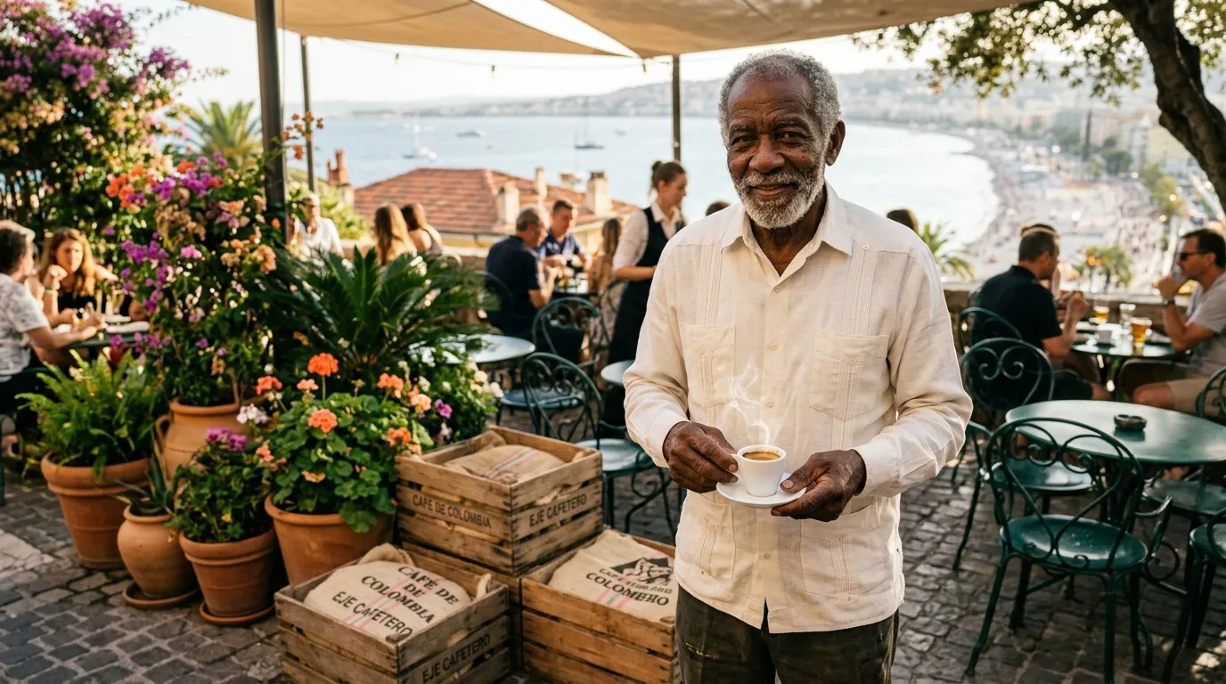 Hombre mayor disfrutando café en terraza con flores y vista marina