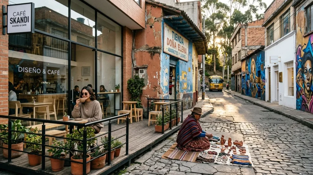 Mujer en café colombiano con vendedor callejero de artesanías