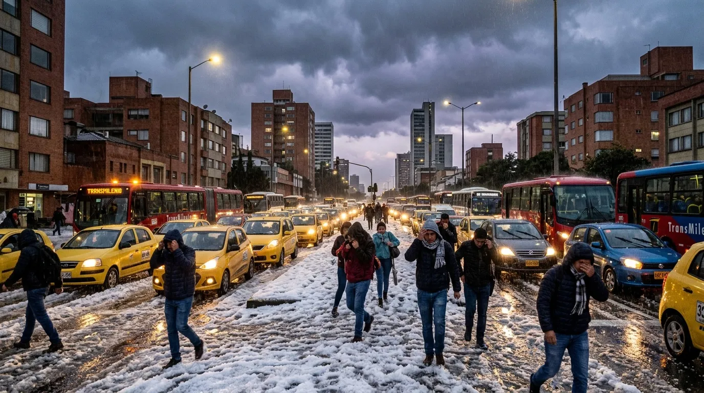 Calle nevada con taxis amarillos y peatones en atardecer urbano