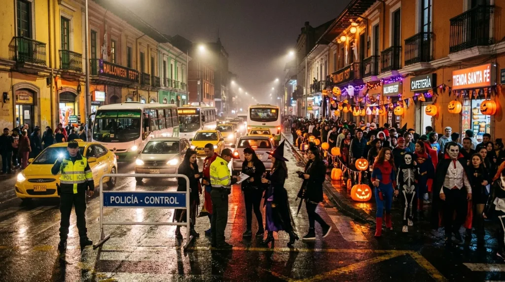 Multitud disfrazada en calle festiva con policía controlando tráfico