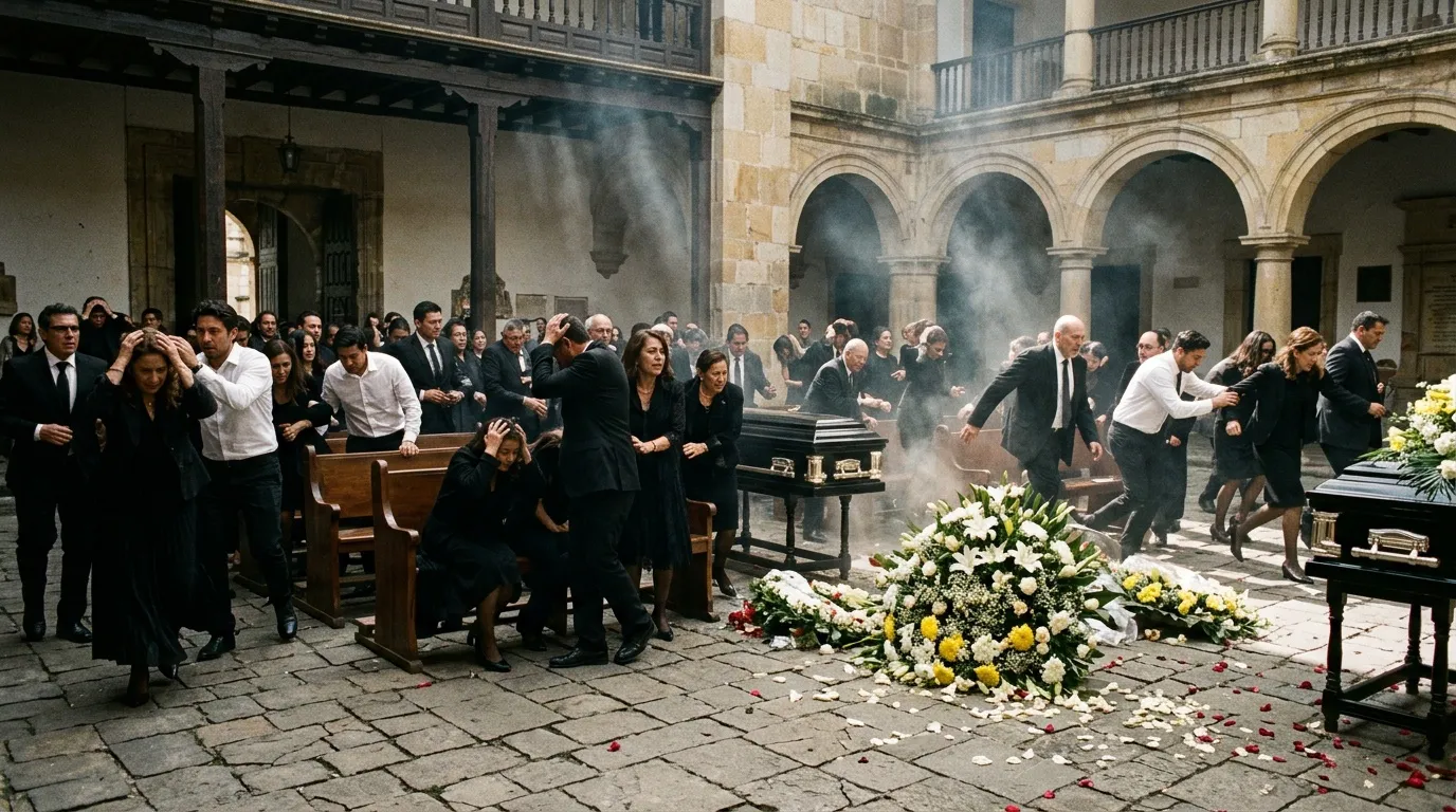 Funeral en claustro con ataúdes y flores blancas amarillas