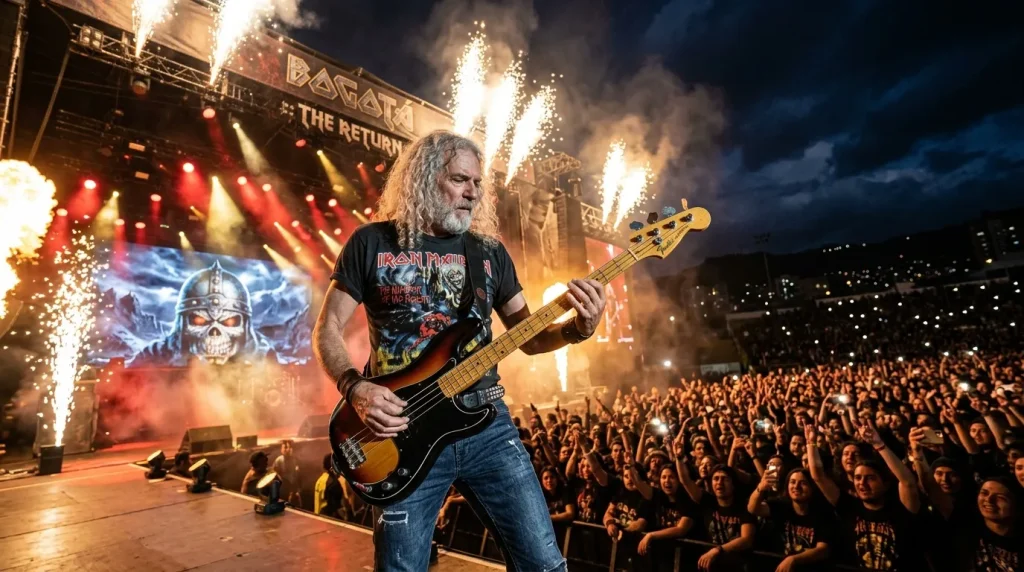 Bajista tocando en escenario con fuegos artificiales y multitud