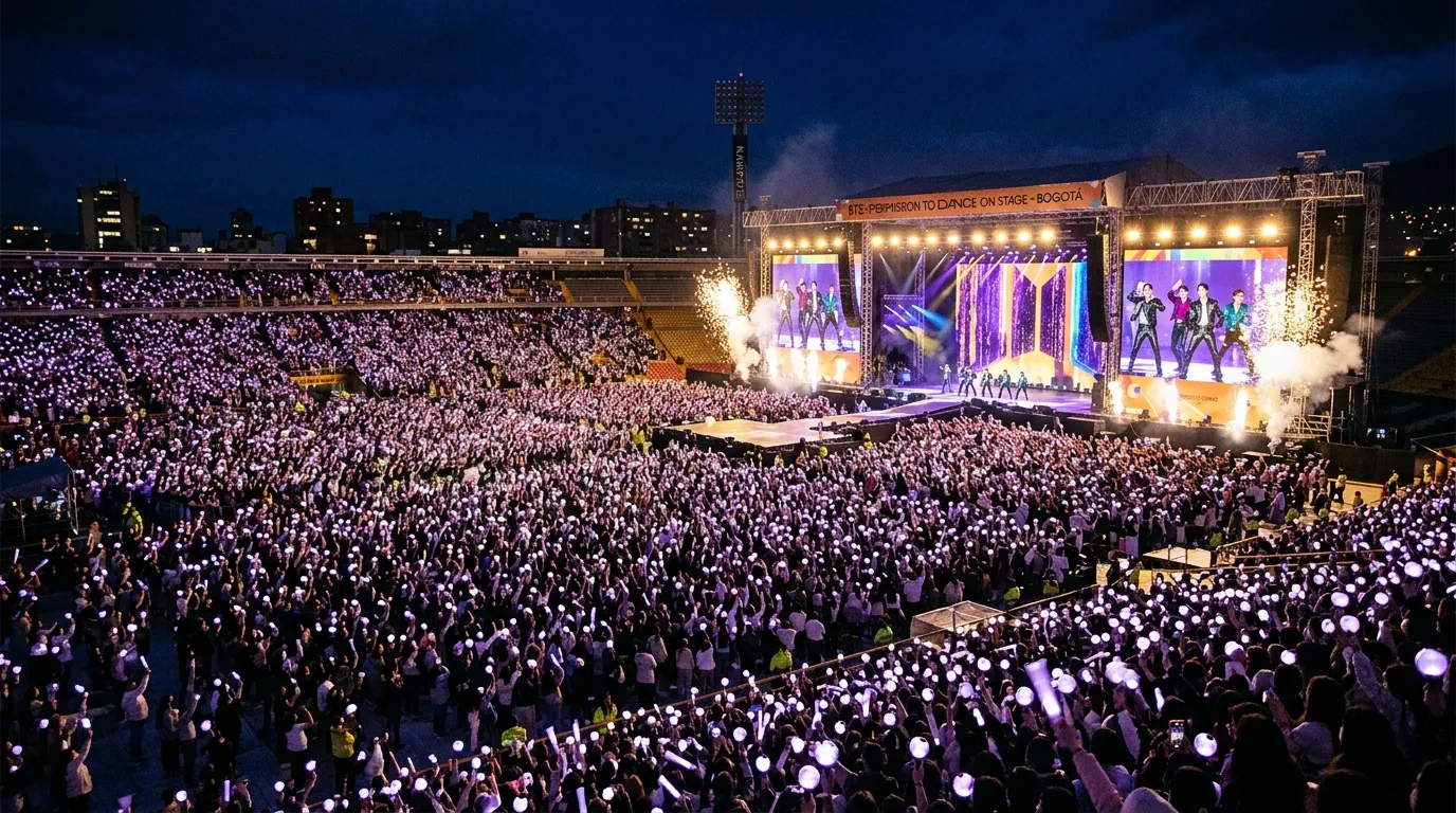 Miles de personas con luces en concierto nocturno de estadio.