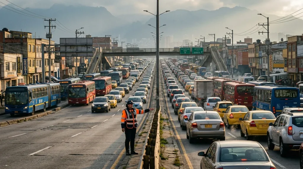 Embotellamiento masivo de autos y buses en autopista urbana