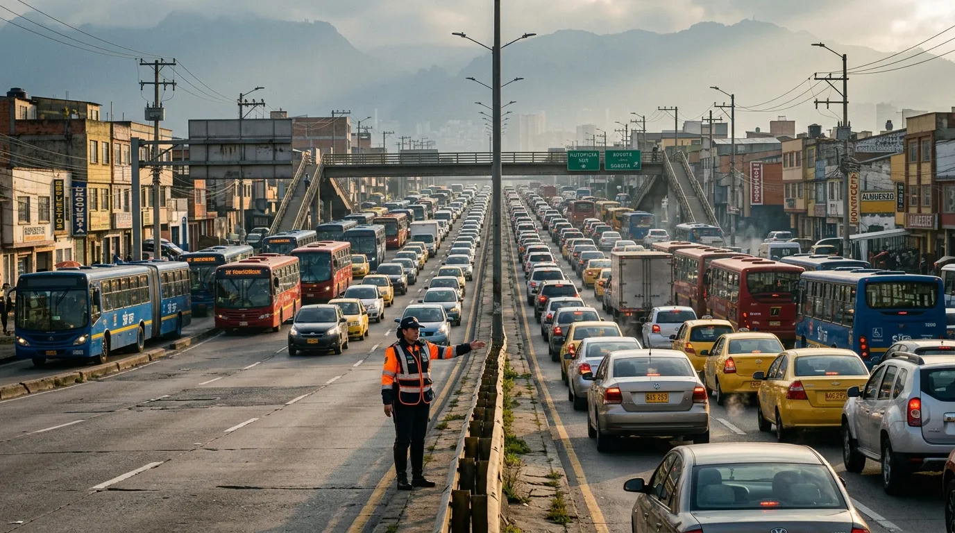 Embotellamiento masivo de autos y buses en autopista urbana
