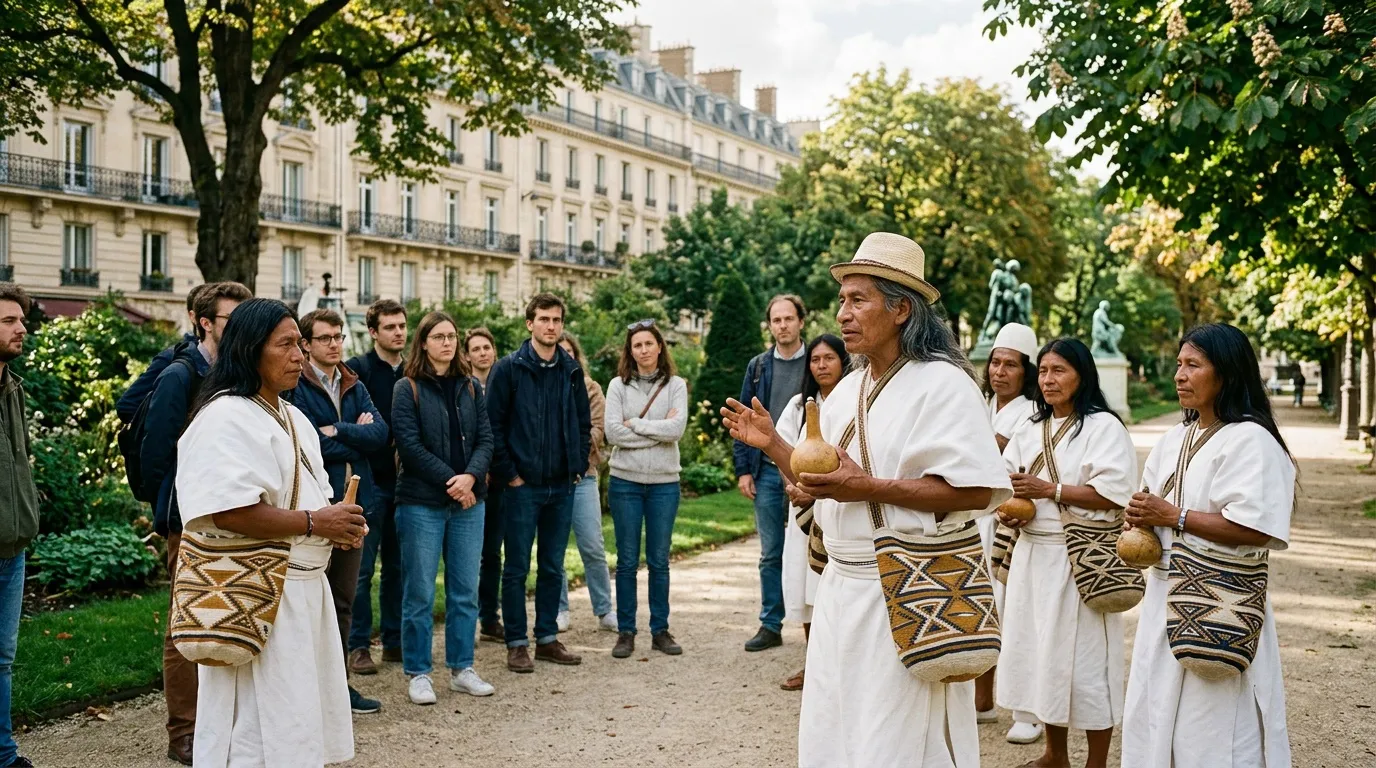 Grupo indígena presenta danza tradicional ante turistas en París