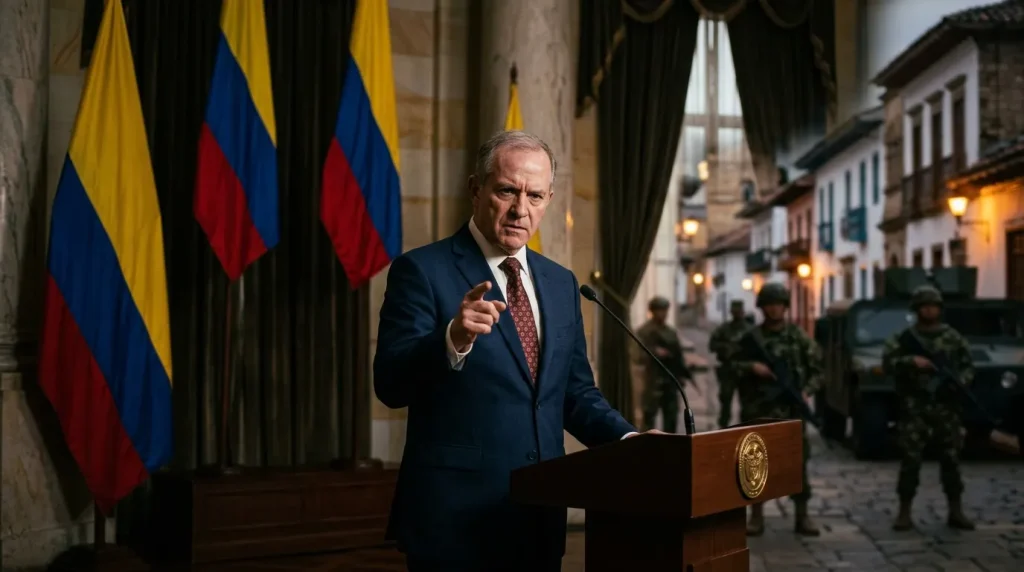Político pronuncia discurso ante bandera colombiana y soldados